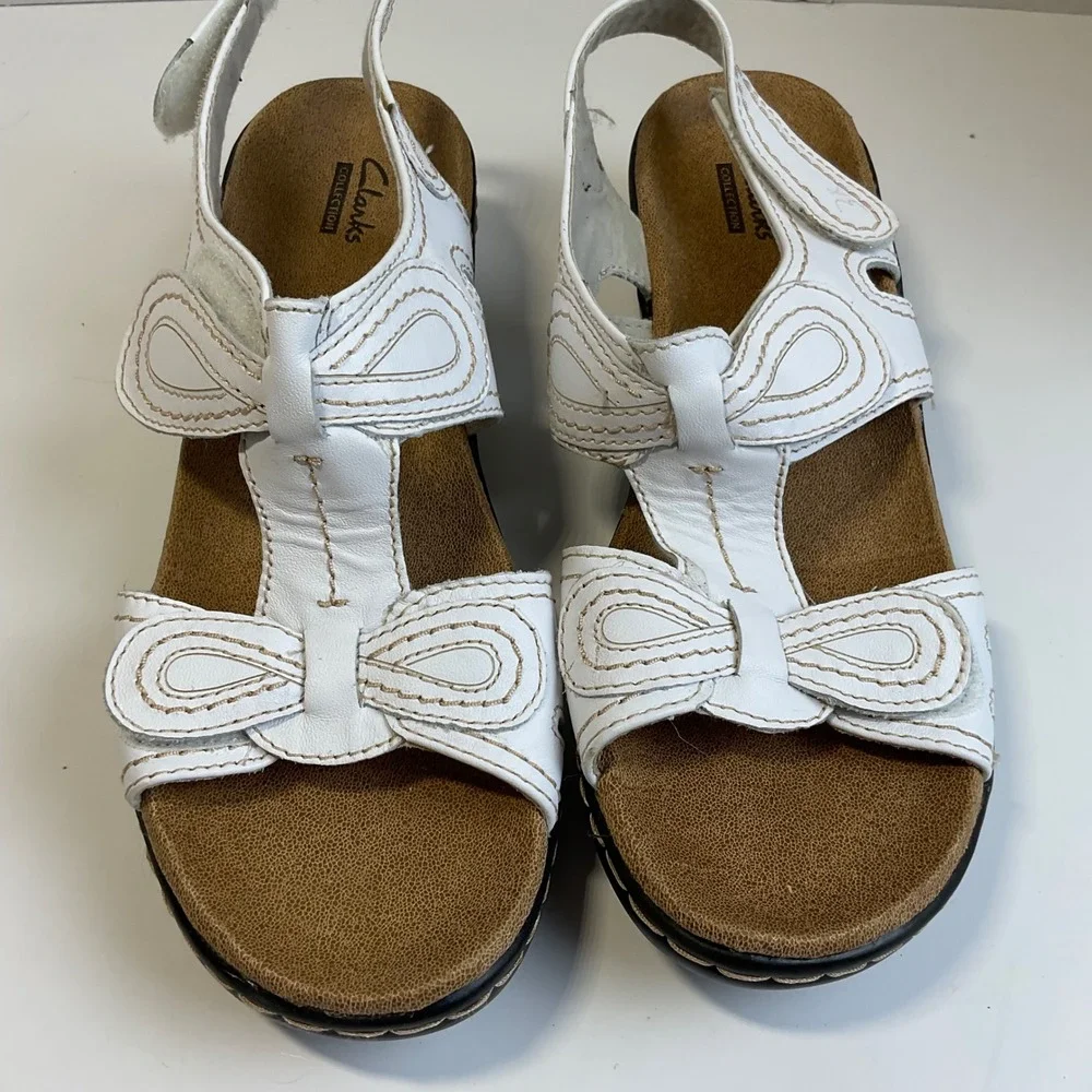 Clarks Collection Lexi Walnut Q White Leather Wedge Sandals Womens 8M 26065782